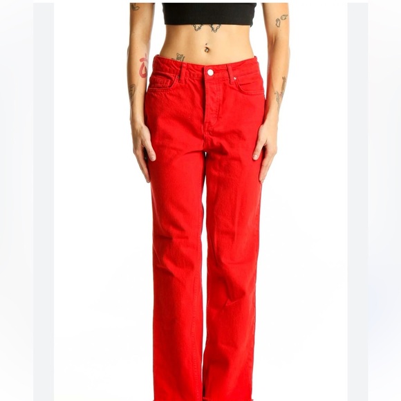 Zara Red Straight Leg Women Jeans Pants 6 Button Fly Casual Streetwear Holiday - Picture 16 of 16